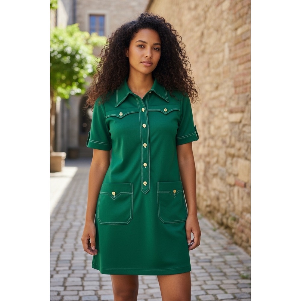 VTG 60s‎ Butte Knit Green Dagger Collar Mod Button Dress Union Made Size XS* 70s